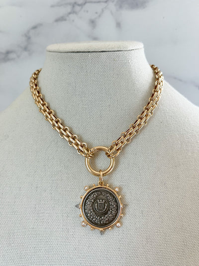 Gold Statement Necklace Gold Chunky Necklace Large Gold Coin Pendant XL Coin Pendant Gold Coin Necklace Vintage Coin Pendant for Jewelry