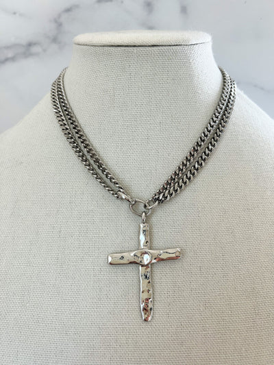 Silver Cross Necklace Religious Silver Cross Large Silver Cross Pendant Religious Jewelry Cuban Chain Necklace Silver Chunky Cross Necklace