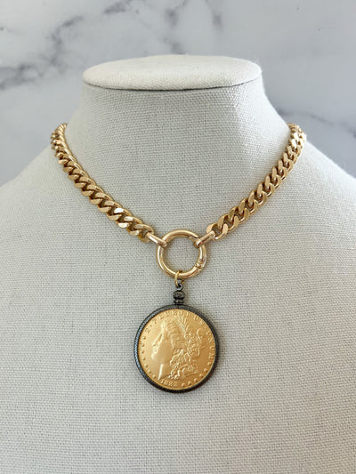 Gold Statement Necklace Gold Chunky Necklace Large Gold Coin Pendant XL Coin Pendant Gold Coin Necklace Vintage Coin Pendant for Jewelry