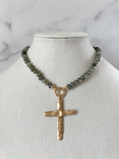 Gold Cross Necklace Gemstone Beaded Cross Jewelry Religious Necklace Large Cross Pendant Christian Jewelry Gift Catholic Cross Necklace