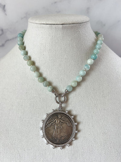 Vintage Coin Necklace Angel Coin Pendant Gold Angel Necklace Gemstone Turquoise Beaded Necklace Vintage Estate Jewelry Gold French Coin