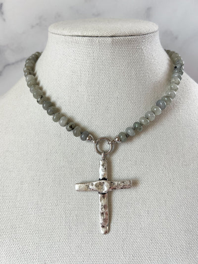 Silver Cross Necklace Gemstone Cross Necklace Beaded Cross Jewelry Religious Necklace Large Cross Pendant Silver Cross Pendant