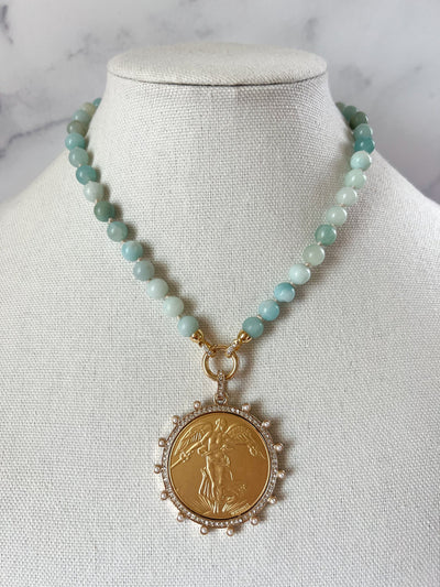 Vintage Coin Necklace Angel Coin Pendant Gold Angel Necklace Gemstone Turquoise Beaded Necklace Hand Knotted Necklace Gothic Angel Jewelry