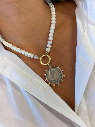 Vintage Coin Necklace Vintage Queen Pendant Queen Elizabeth Jewelry White Beaded Necklace Antiqued Coin Jewelry Queen Elizabeth Jewelry