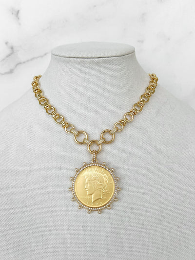 Vintage Coin Necklace Gold Statement Necklace Gold Chunky Necklace Large Gold Coin Pendant XL Coin Pendant Gold Coin Necklace for Jewelry