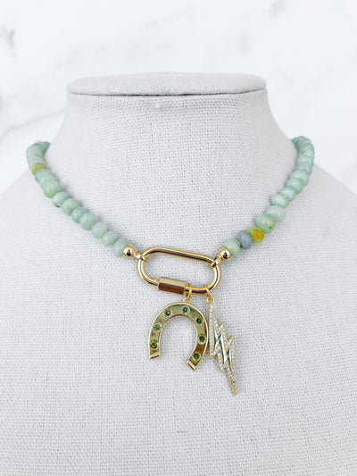 Green Beaded Charm Necklace Green Accent Necklace Lucky Horseshoe Charm Lightning Bolt Charm Necklace Gold Charm Necklace Knotted Gemstone