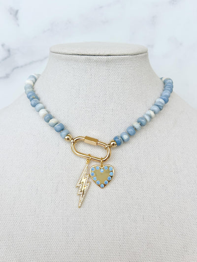 Blue Beaded Charm Necklace Custom Charm Necklace Blue Beaded Jewelry Blue Stone Necklace Gold Heart Charm Lightning Bolt Charm Carabiner