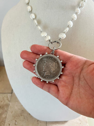 Vintage Coin Necklace Vintage Pearl Chain Necklace Antiqued Pearl Chain Necklace Vintage Estate Jewelry Style Silver French Coin Pendant