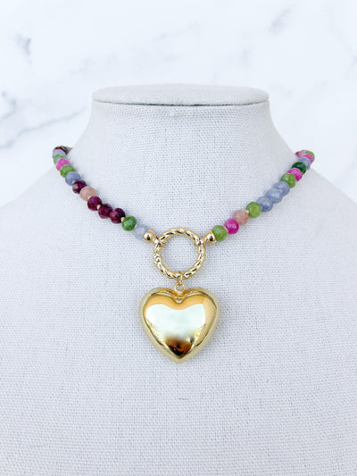 Gemstone Beaded Necklace Large Heart Necklace XL Heart Pendant Gold Heart Charm