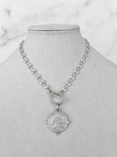 Silver Pearl Coin Necklace Silver Vintage Coin Necklace Acrylic Pearl Chain Necklace Silver Coin Jewelry Pearl Rosary Necklace Unique Silver