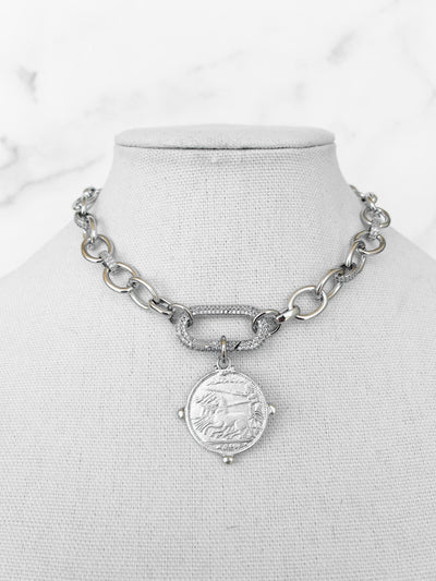 Silver Chain Coin Necklace Vintage Coin Necklace Thick Silver Chain Necklace Large Silver Coin Pendant Statement Silver Coin Charm Necklace