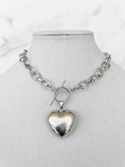 Silver Link Chain Necklace With a Large Silver Puffy Heart Pendant Silver Toggle Clasp Necklace Large Heart Pendant Necklace Silver Art Deco Necklace XL Silver Heart Pendant