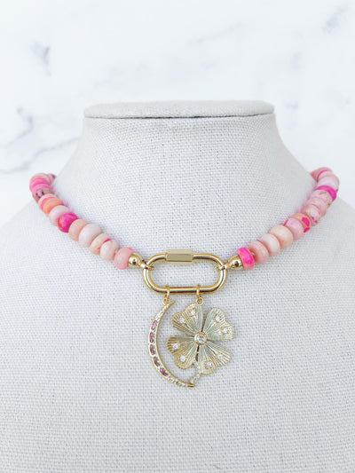 Pink Beaded Charm Necklace Custom Charm Necklace Pink Opal Jewelry Pink Stone Necklace Gold Moon Charm Four Leaf Clover Charm Carabiner