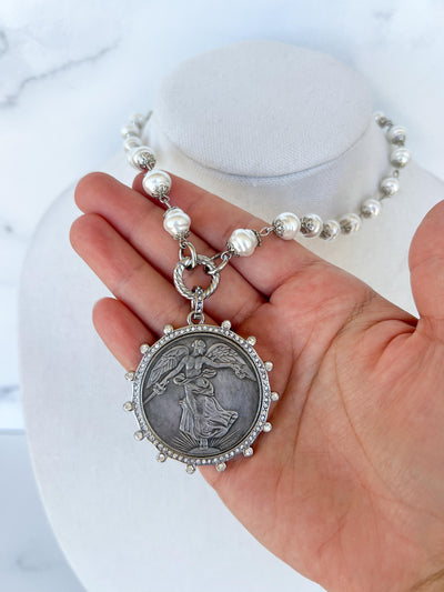 Vintage Angel Coin Necklace Porcelain Pearl Necklace Antiqued Coin Necklace