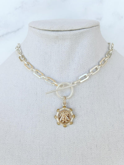 Bee Coin Necklace Gold Bee Pendant Gokd Bee Jewelry French Bee Coin Honey Bee Necklace Gold Coin Necklace Cable Chain Necklace Gold Rolo