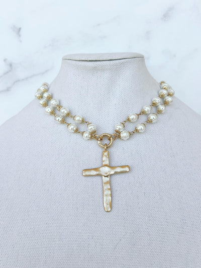 Pearl Cross Necklace Vintage Porcelain Glass Pearl Pearl Beaded Chain Religious Gold Cross Large Gold Cross Pendant Gold Cross Necklace