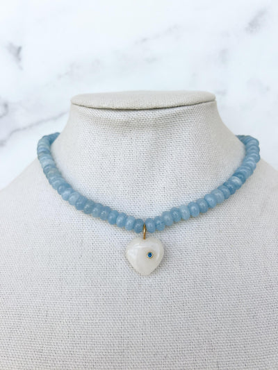 Blue Quartz Gemstone Necklace Blue Heart Beaded Necklace Quartz Stone Beaded Necklace