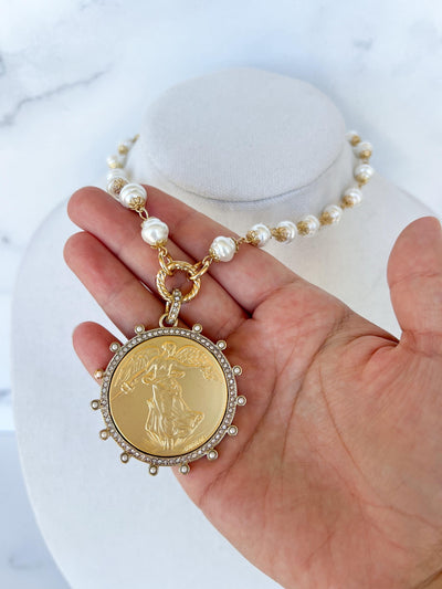 Vintage Angel Coin Necklace Porcelain Pearl Necklace Antiqued Coin Necklace