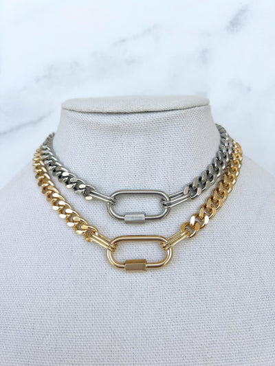 Two Tone Chunky Chain Necklace Silver And Gold Necklace Mixed Metals Necklace Gold Carabiner Chain Necklace Silver Curb Chain Necklace