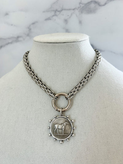 Silver Statement Necklace Silver Chunky Necklace Large Coin Pendant Silver Equestrian Coin Necklace Vintage Coin Pendant for Jewelry