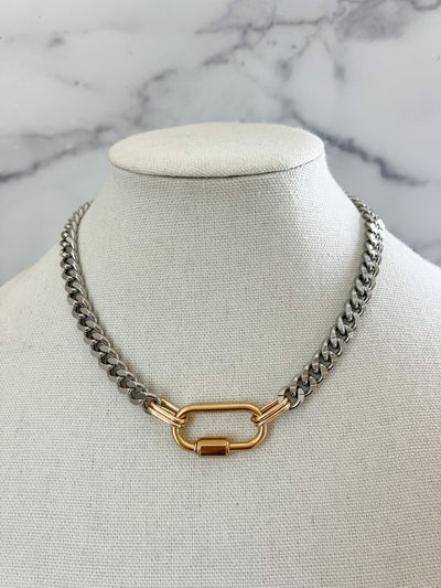 Two Tone Chunky Chain Necklace Silver And Gold Necklace Mixed Metals Necklace Gold Carabiner Chain Necklace Silver Curb Chain Necklace