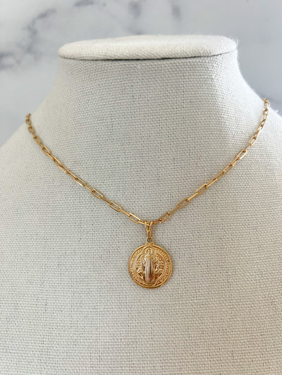 Saint Benedict Coin Necklace Gold Filled Cross Necklace Gold Religious Necklace Catholic Jewelry Gold Cross Pendant Gold Coin Necklace