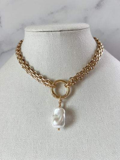 Baroque Pearl Necklace Gold Pearl Necklace Link Chain Necklace Large Pearl Necklace XL Pearl Charm Necklace Pearl Jewelry Freshwater Pearl