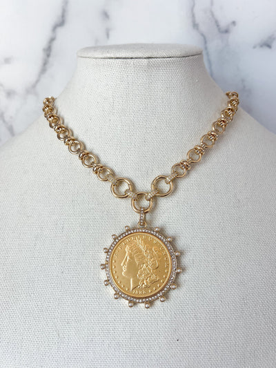 Vintage Coin Necklace Gold Statement Necklace Gold Chunky Necklace Large Gold Coin Pendant XL Coin Pendant Gold Coin Necklace for Jewelry
